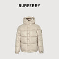 Burberry Equestrian Knight Sleeve-Patch Hooded Down Jacket in Light Beige