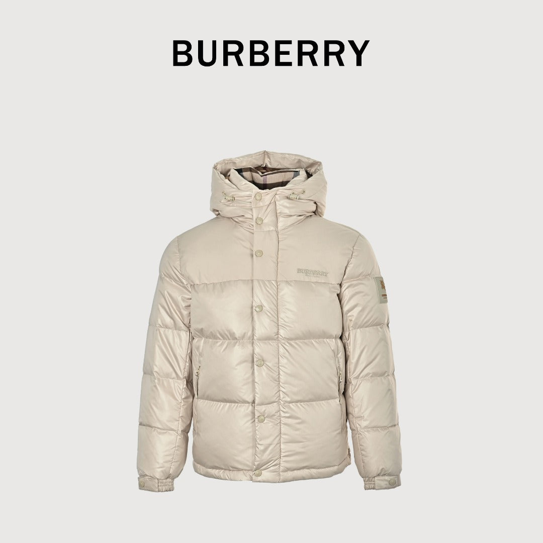 Burberry Equestrian Knight Sleeve-Patch Hooded Down Jacket in Light Beige