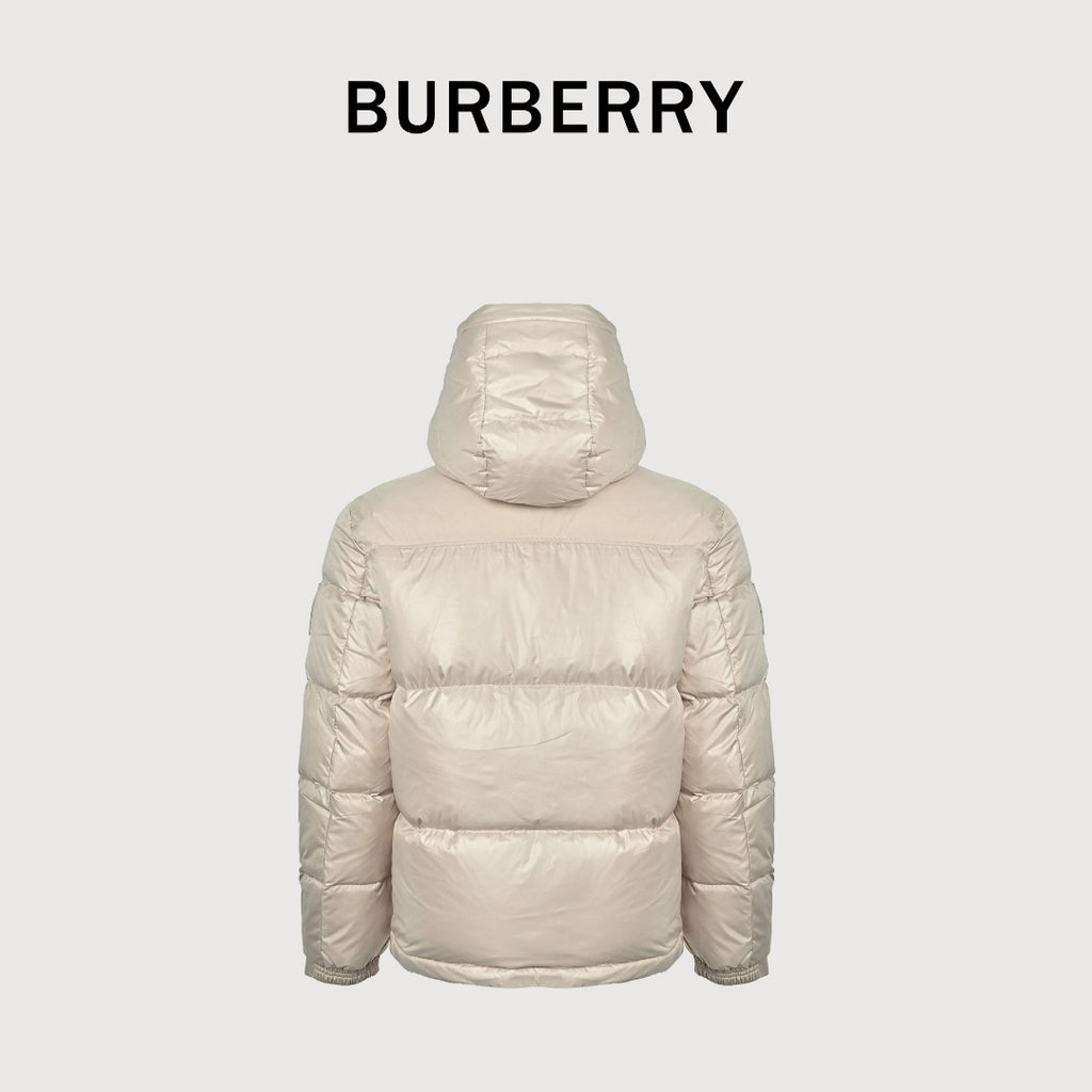 Burberry Equestrian Knight Sleeve-Patch Hooded Down Jacket in Light Beige