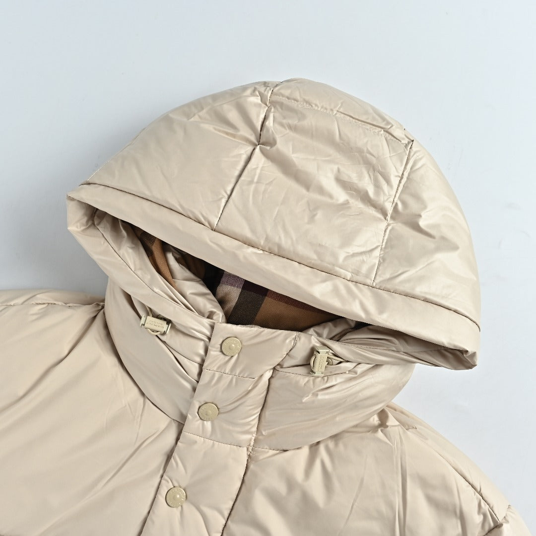 Burberry Equestrian Knight Sleeve-Patch Hooded Down Jacket in Light Beige