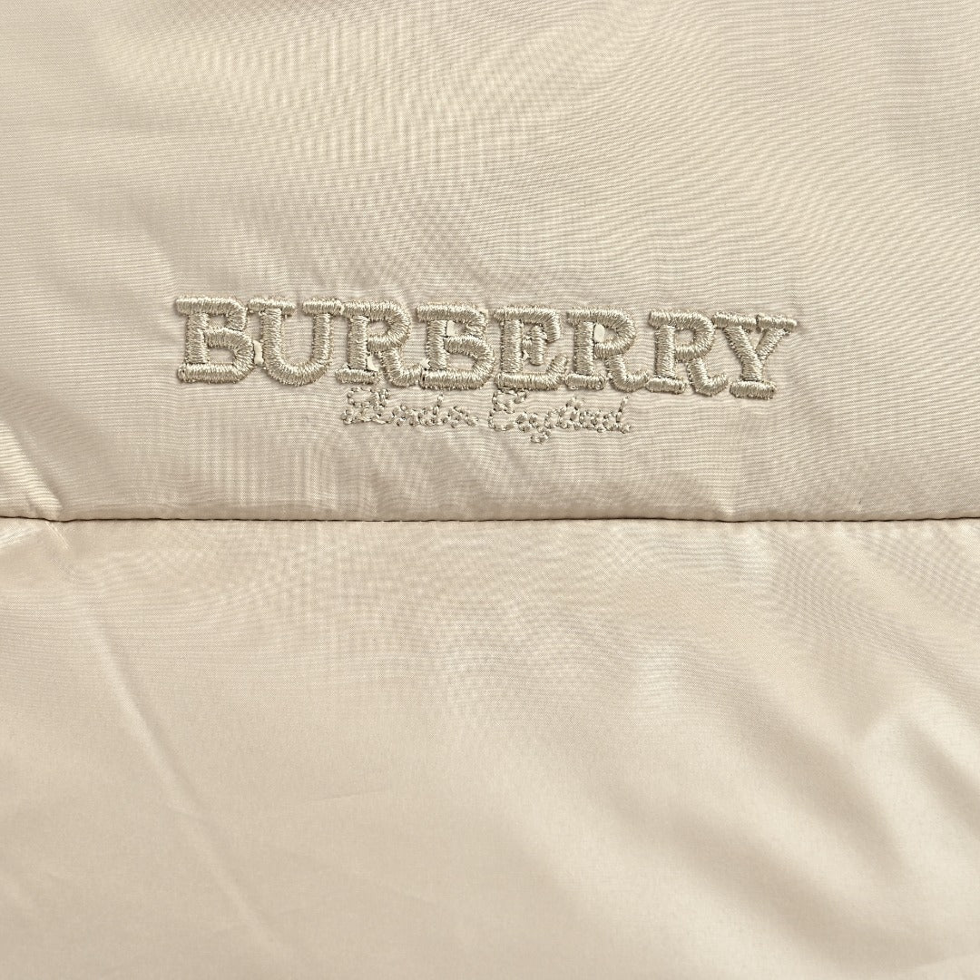 Burberry Equestrian Knight Sleeve-Patch Hooded Down Jacket in Light Beige