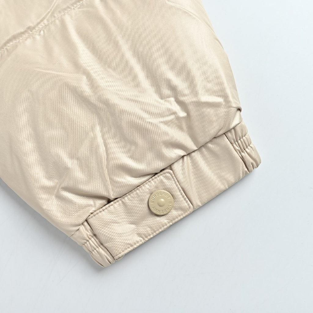 Burberry Equestrian Knight Sleeve-Patch Hooded Down Jacket in Light Beige