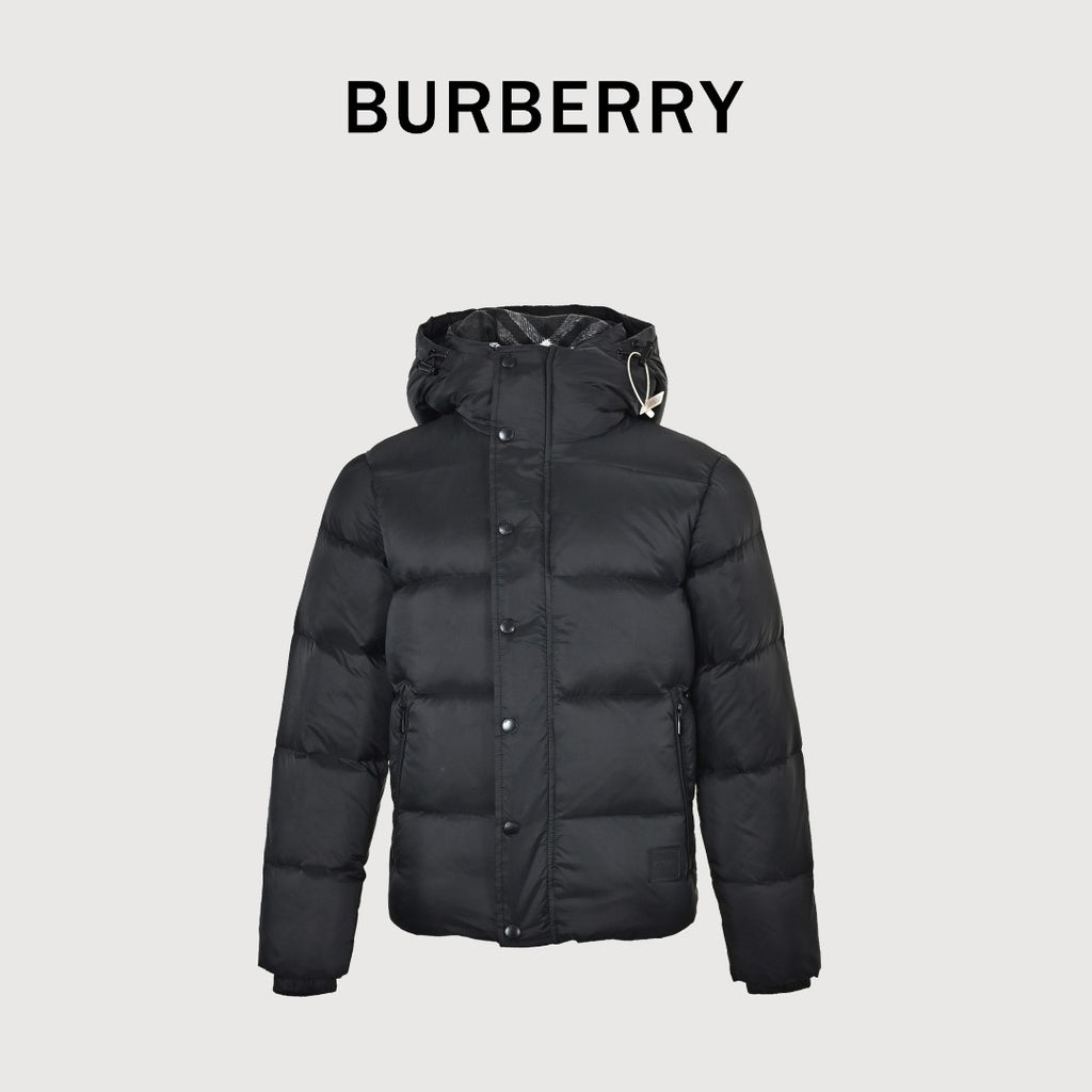 Burberry Silicone Hem-Logo Hooded Down Jacket in Black