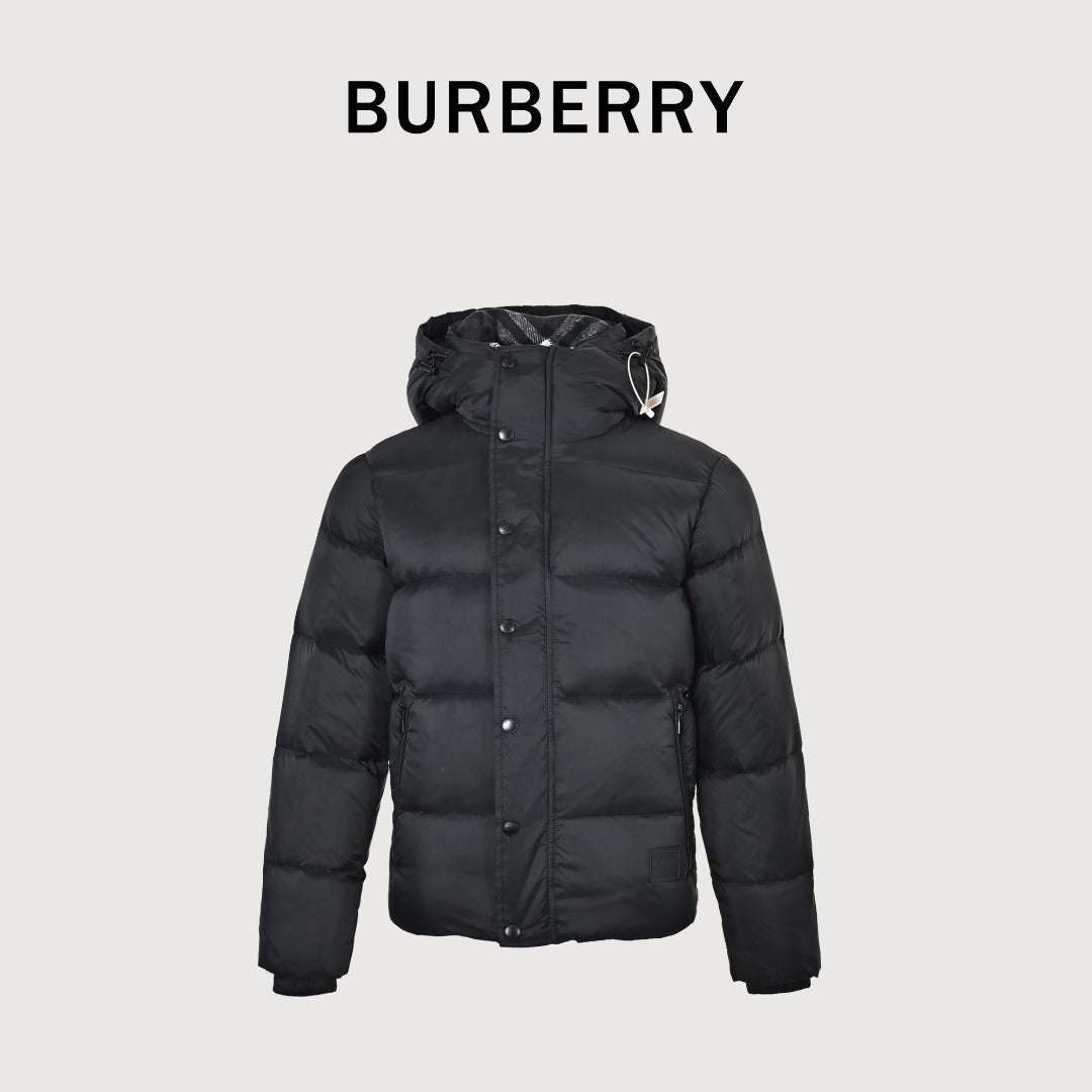 Burberry Silicone Hem-Logo Hooded Down Jacket in Black