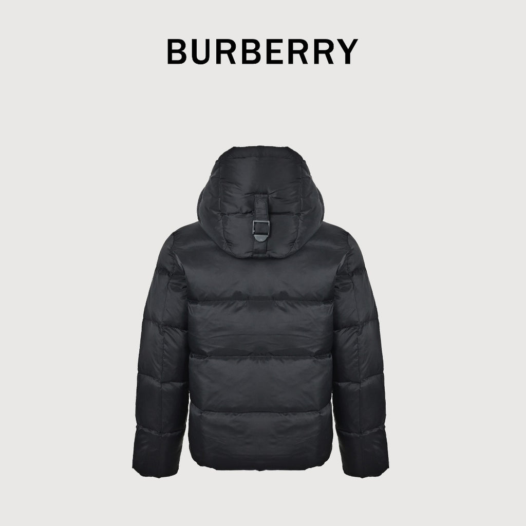 Burberry Silicone Hem-Logo Hooded Down Jacket in Black