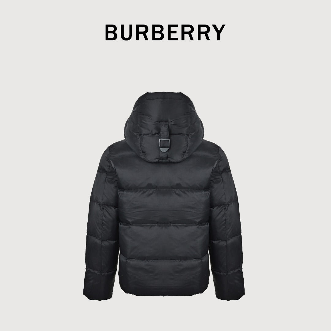 Burberry Silicone Hem-Logo Hooded Down Jacket in Black