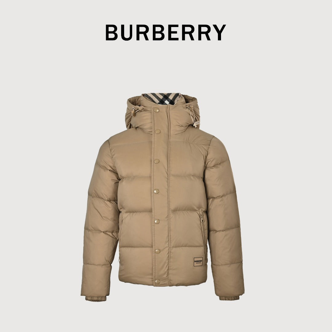 Burberry Silicone Hem-Logo Hooded Down Jacket in Khaki