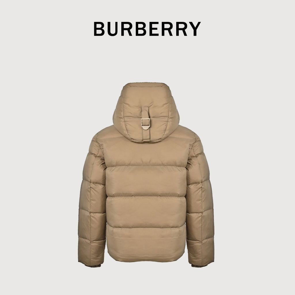 Burberry Silicone Hem-Logo Hooded Down Jacket in Khaki