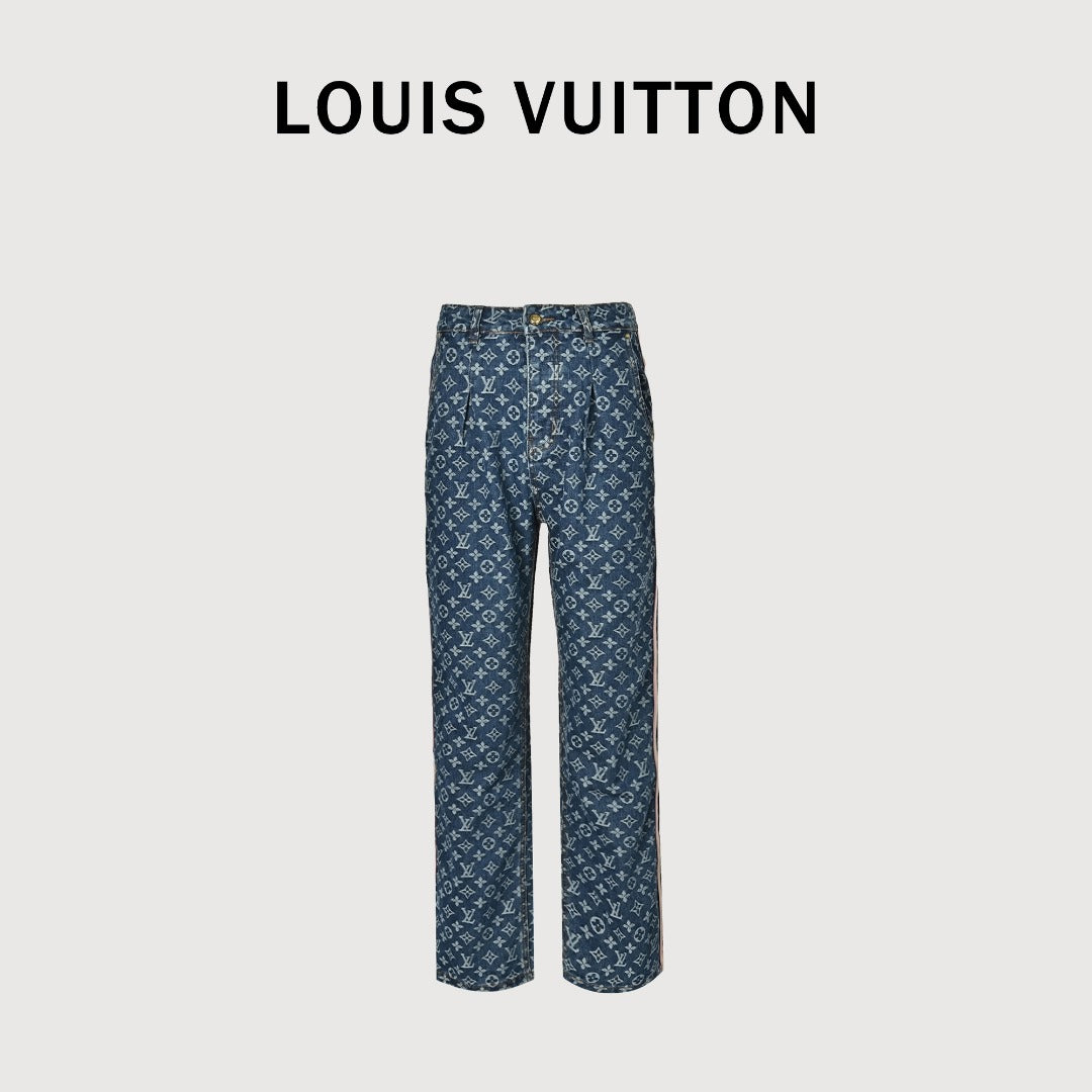 Louis Vuitton Washed Blue Monogram Jacquard Jeans with Leather Side Trim