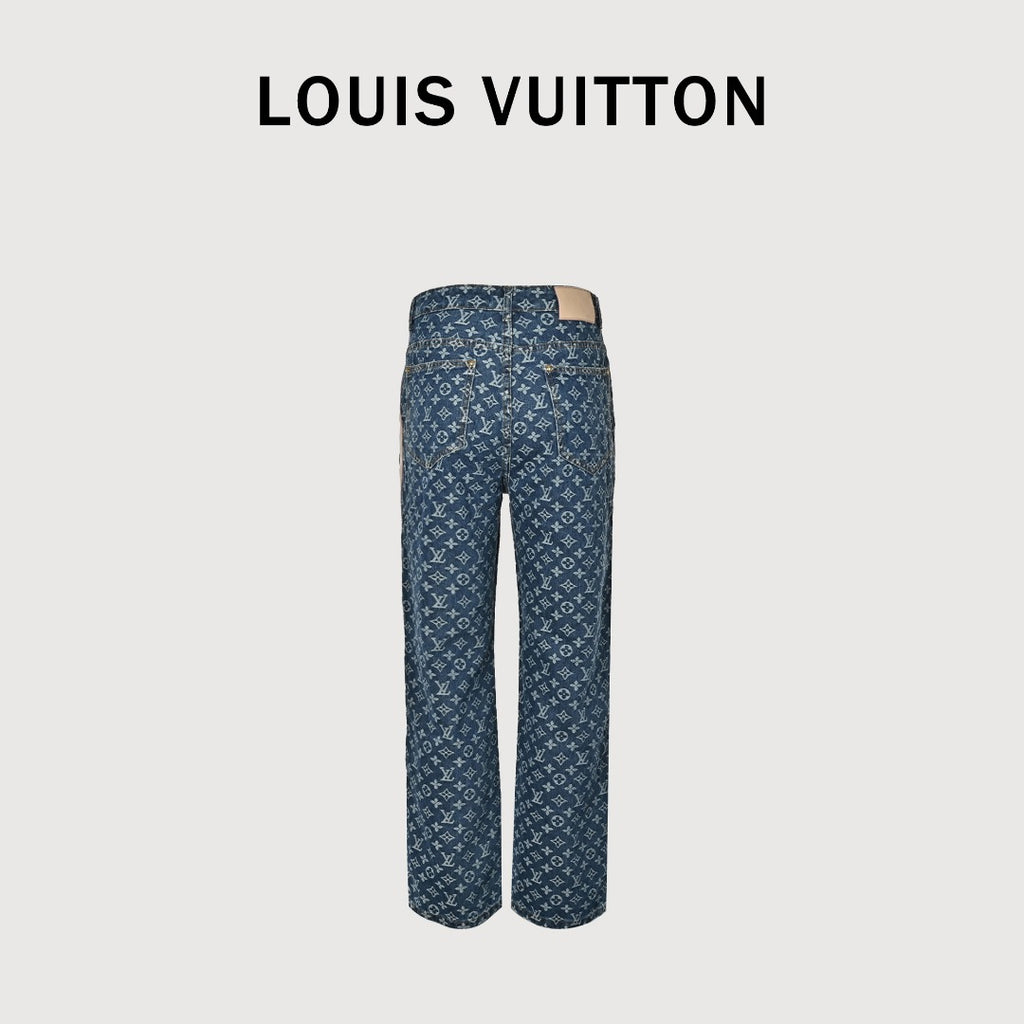 Louis Vuitton Washed Blue Monogram Jacquard Jeans with Leather Side Trim
