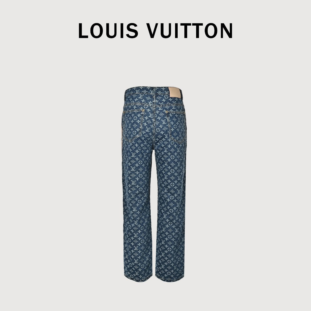 Louis Vuitton Washed Blue Monogram Jacquard Jeans with Leather Side Trim