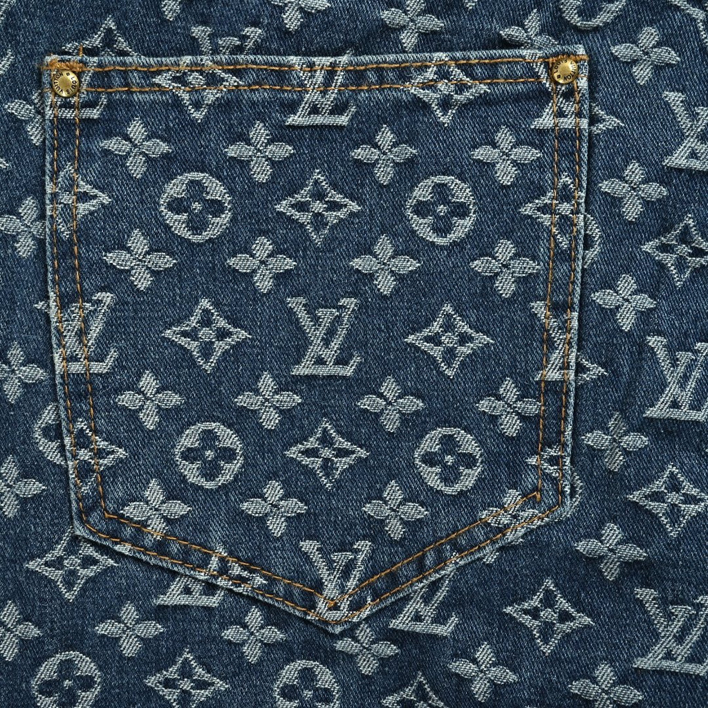 Louis Vuitton Washed Blue Monogram Jacquard Jeans with Leather Side Trim