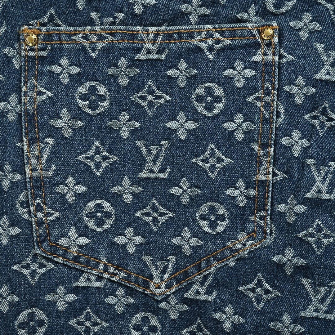 Louis Vuitton Washed Blue Monogram Jacquard Jeans with Leather Side Trim