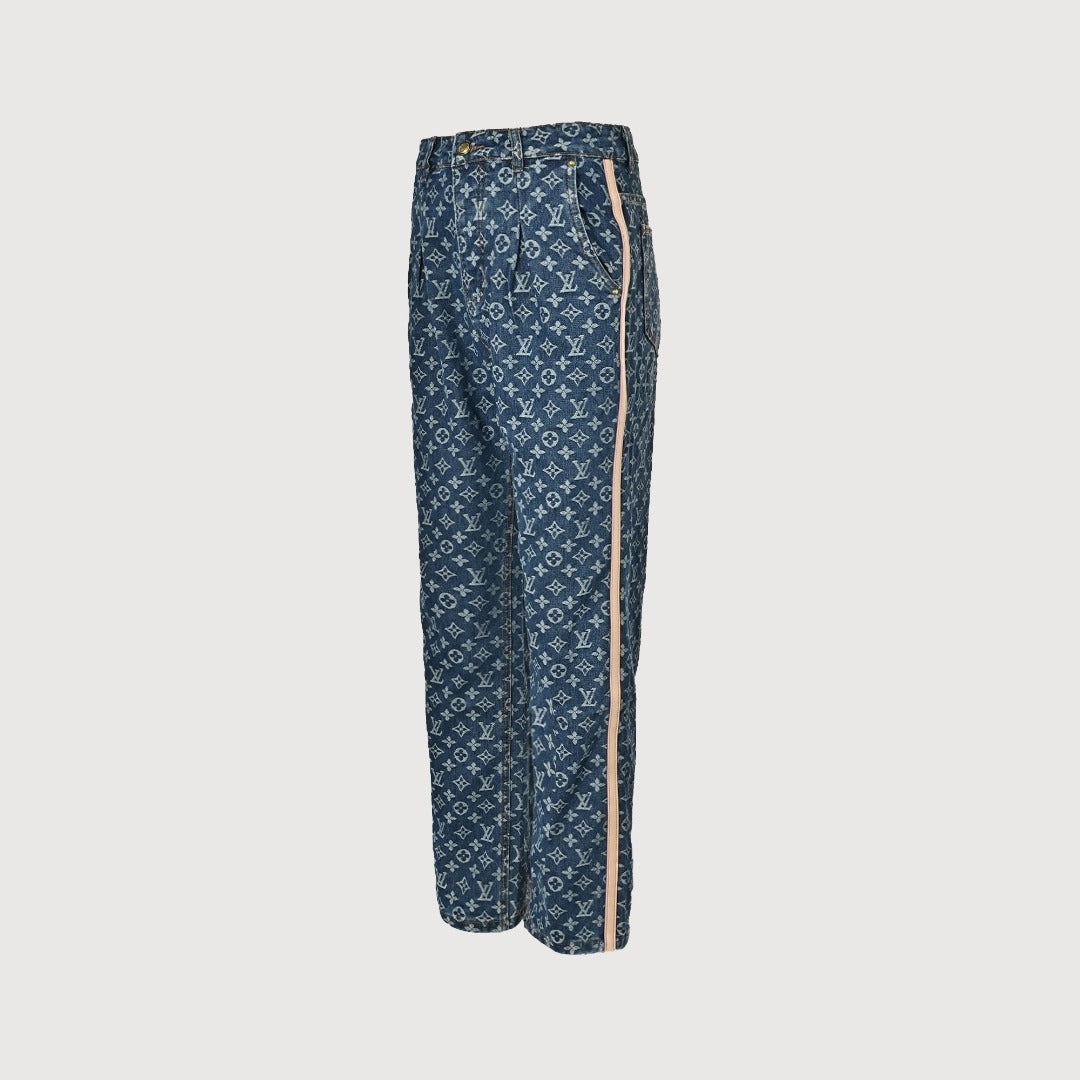 Louis Vuitton Washed Blue Monogram Jacquard Jeans with Leather Side Trim