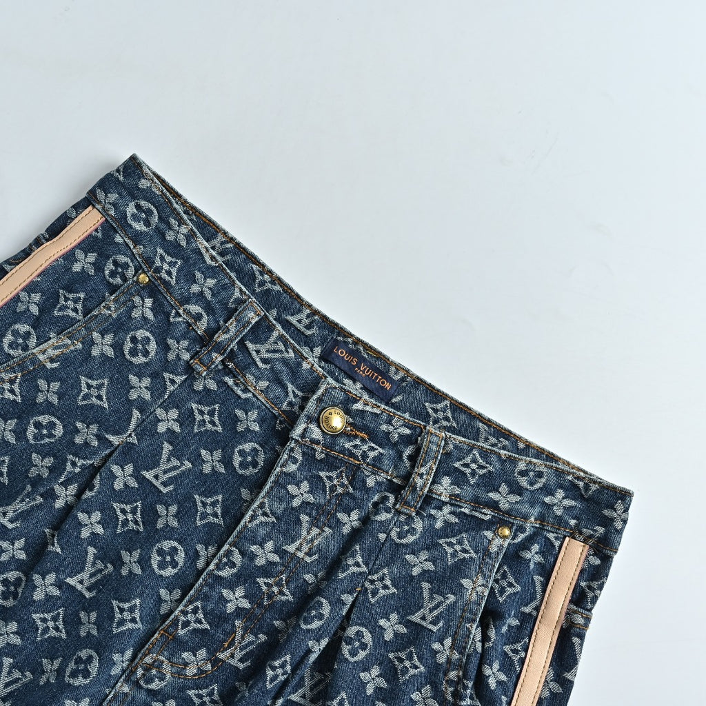 Louis Vuitton Washed Blue Monogram Jacquard Jeans with Leather Side Trim