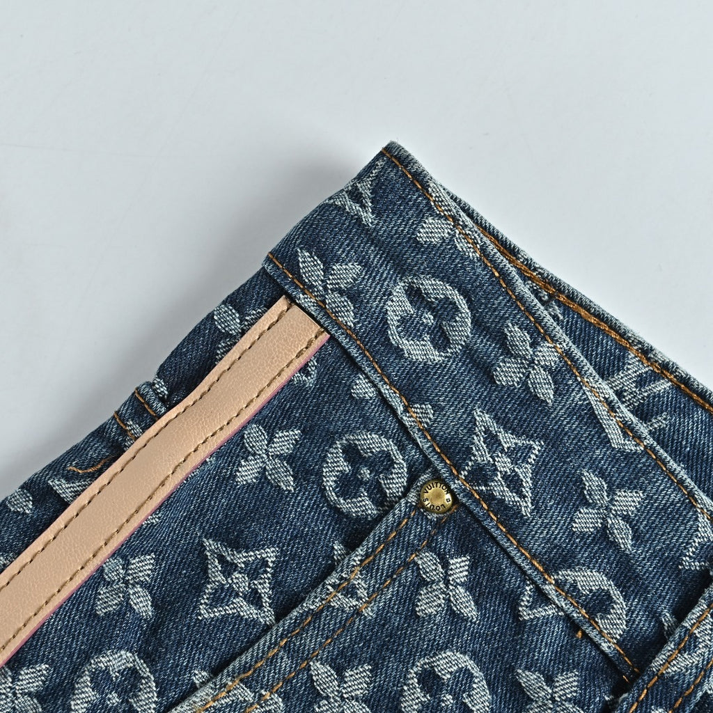 Louis Vuitton Washed Blue Monogram Jacquard Jeans with Leather Side Trim