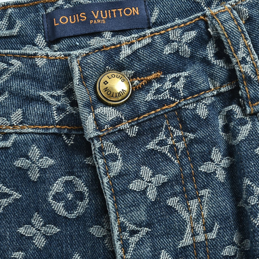 Louis Vuitton Washed Blue Monogram Jacquard Jeans with Leather Side Trim