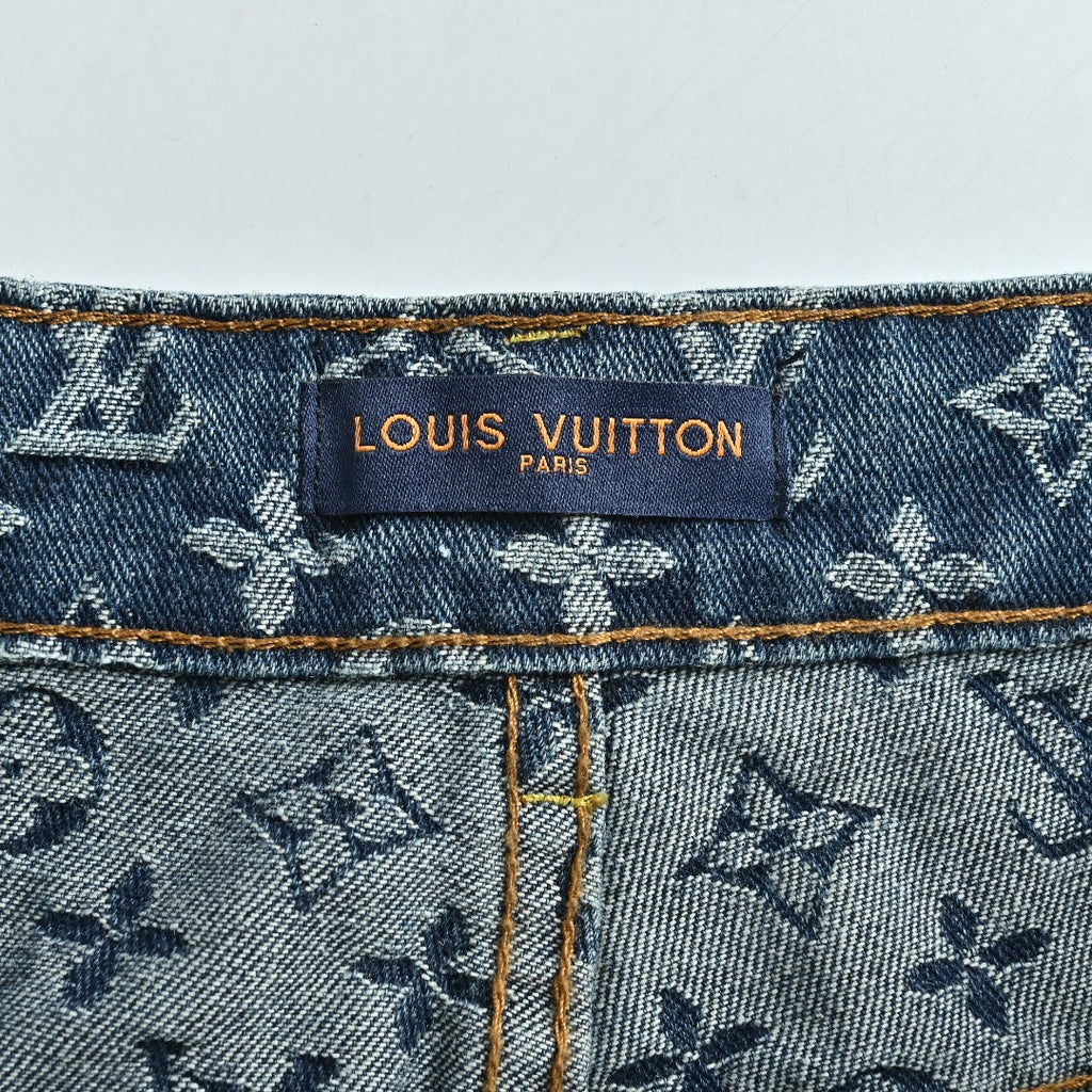 Louis Vuitton Washed Blue Monogram Jacquard Jeans with Leather Side Trim