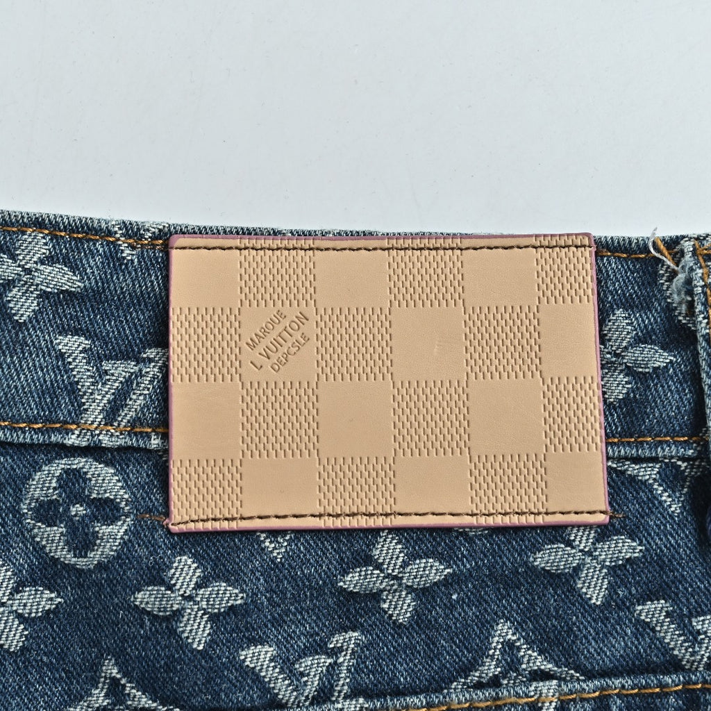 Louis Vuitton Washed Blue Monogram Jacquard Jeans with Leather Side Trim