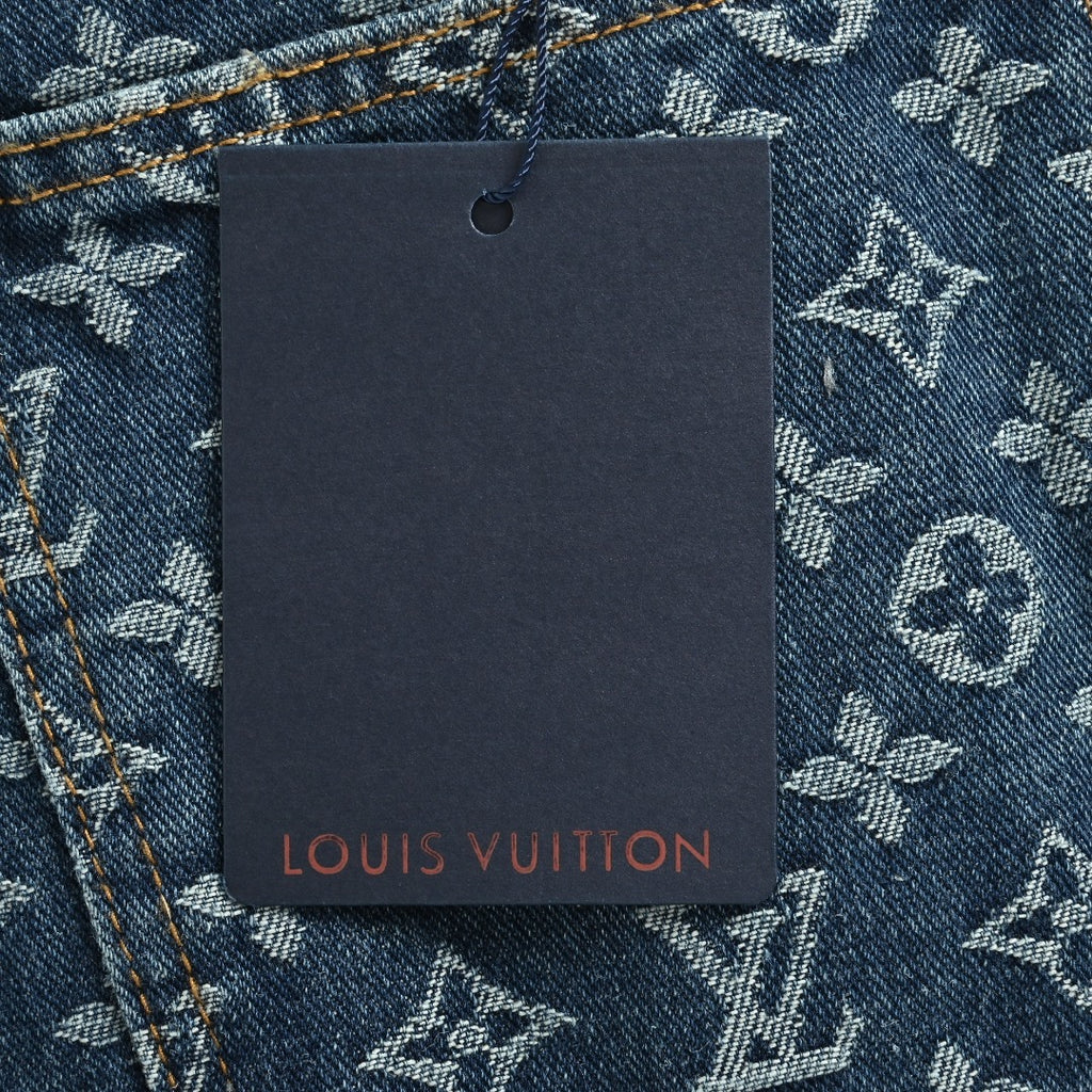 Louis Vuitton Washed Blue Monogram Jacquard Jeans with Leather Side Trim