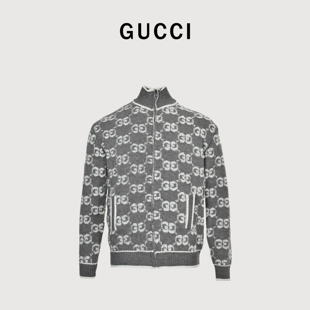 Gucci GG Jacquard Stand-Collar Zip-Up Cardigan in Grey