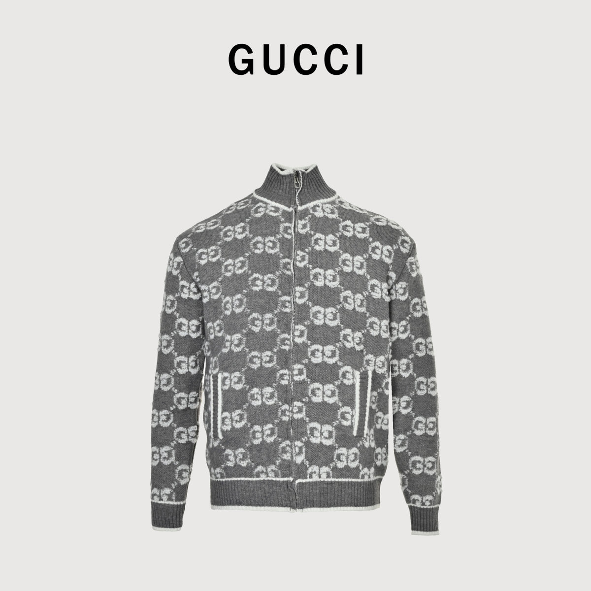 Gucci GG Jacquard Stand-Collar Zip-Up Cardigan in Grey