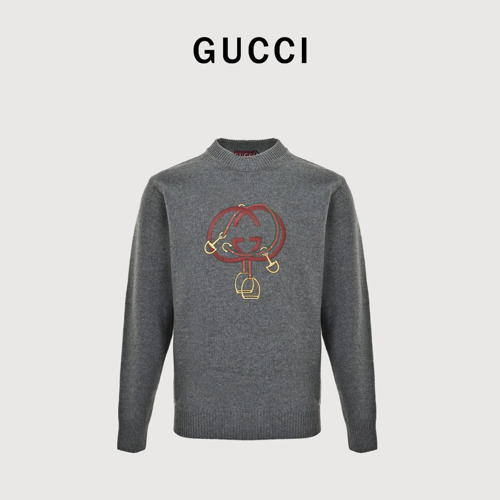 Gucci Red Lantern Double G Embroidered Sweater in Grey