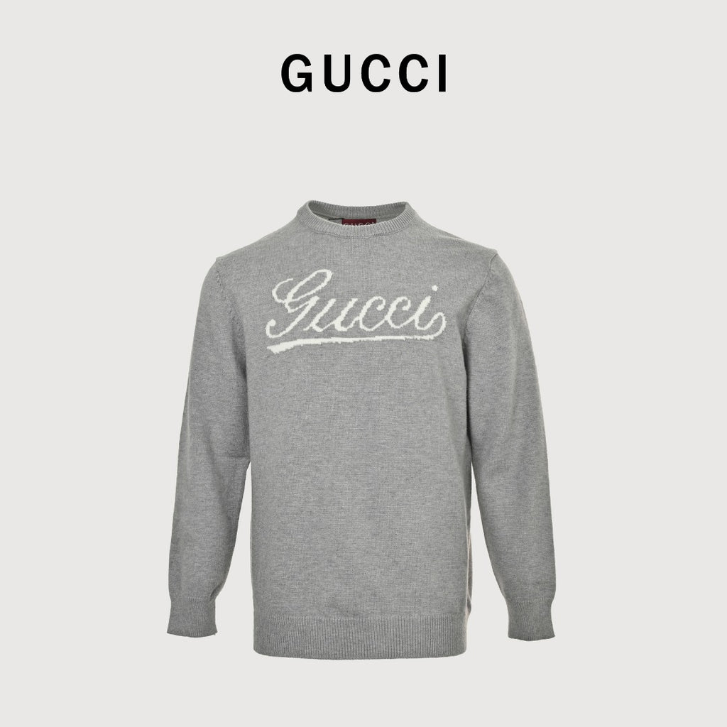 Gucci Signature Script Intarsia Knit Sweater in Grey