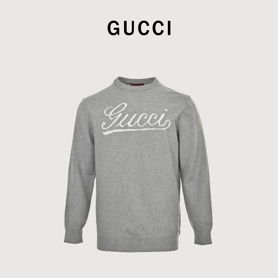 Gucci Signature Script Intarsia Knit Sweater in Grey