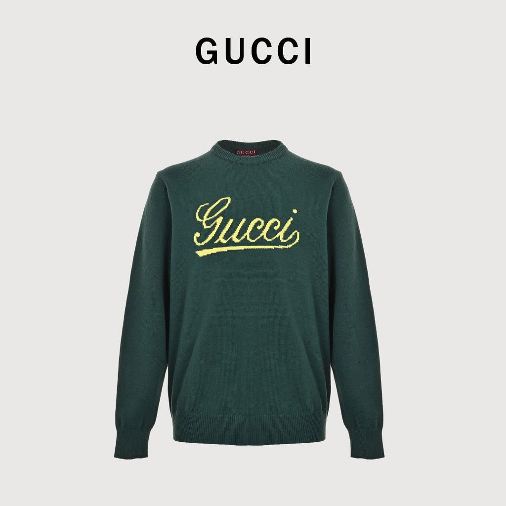 Gucci Signature Script Intarsia Knit Sweater in Dark Green