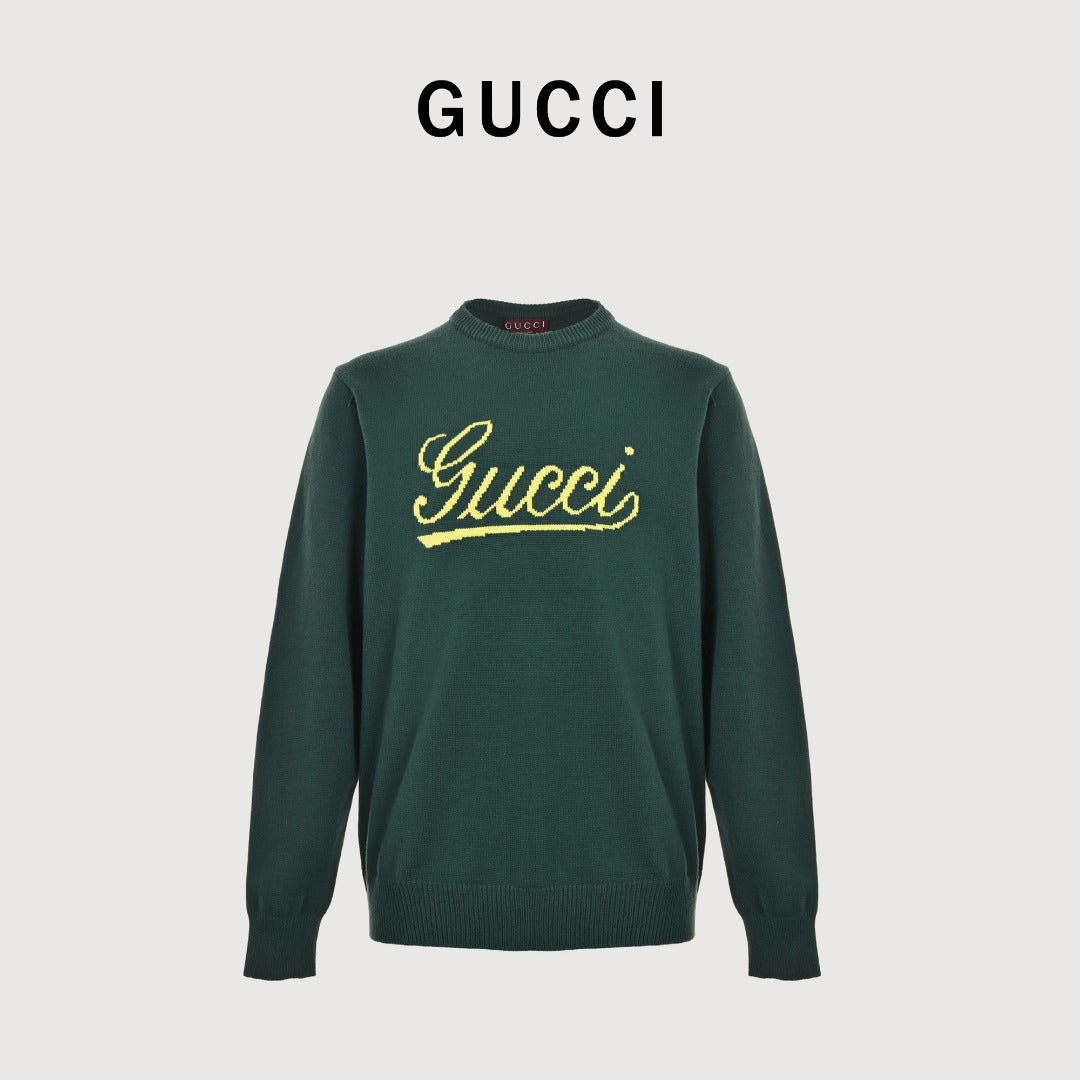 Gucci Signature Script Intarsia Knit Sweater in Dark Green