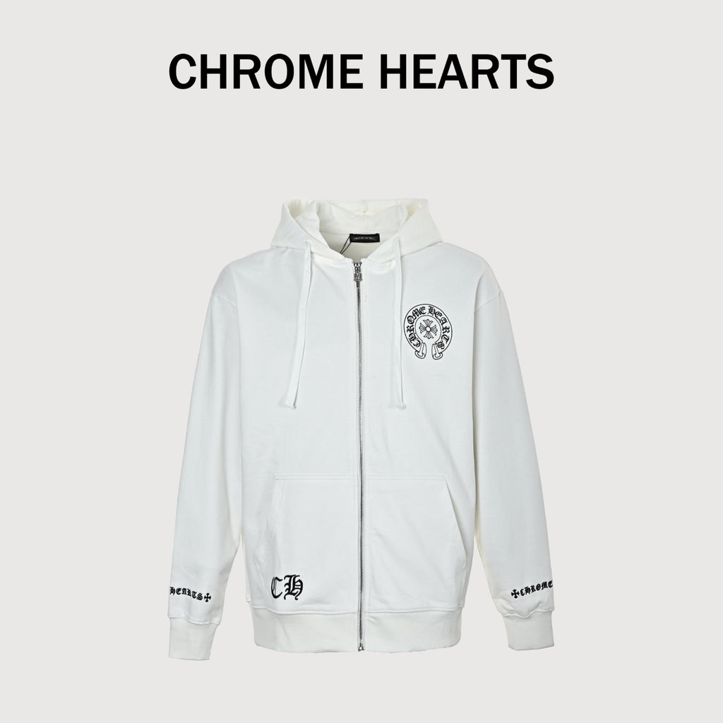 Chrome Hearts Horseshoe Graphic Zip-Up Hoodie in White