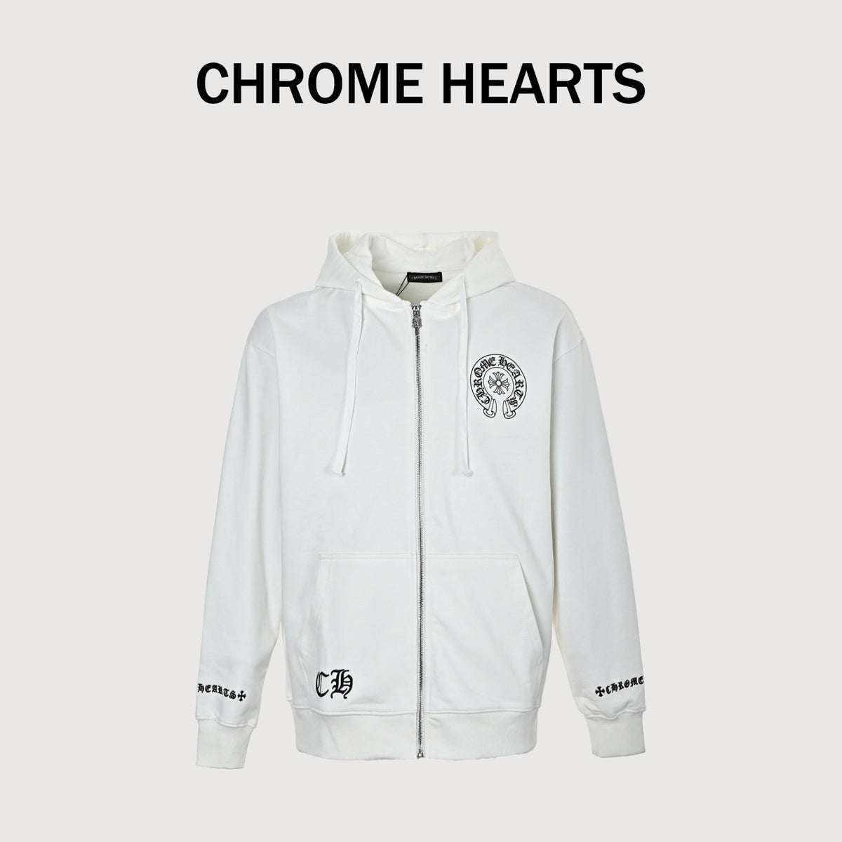 Chrome Hearts Horseshoe Graphic Zip-Up Hoodie in White