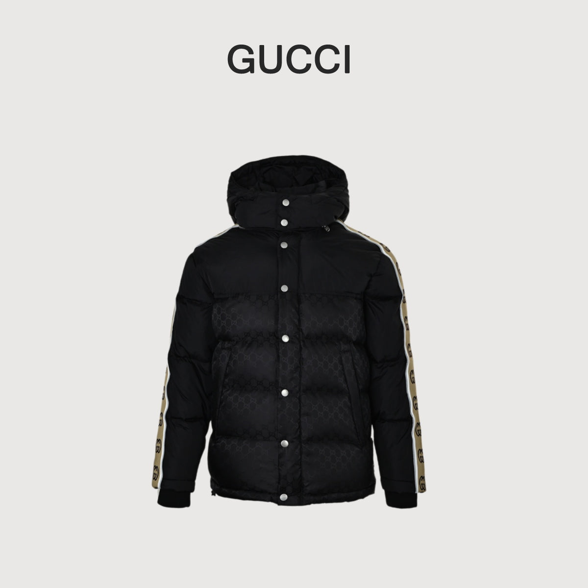 Gucci Jacquard Tape Hooded Down Jacket in Black