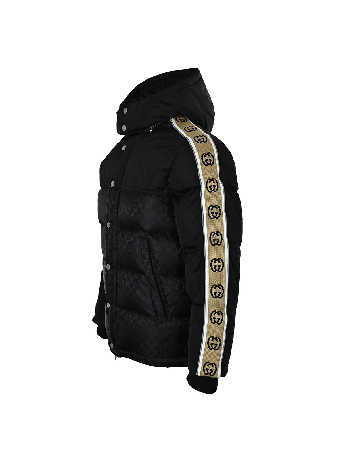 Gucci Jacquard Tape Hooded Down Jacket in Black