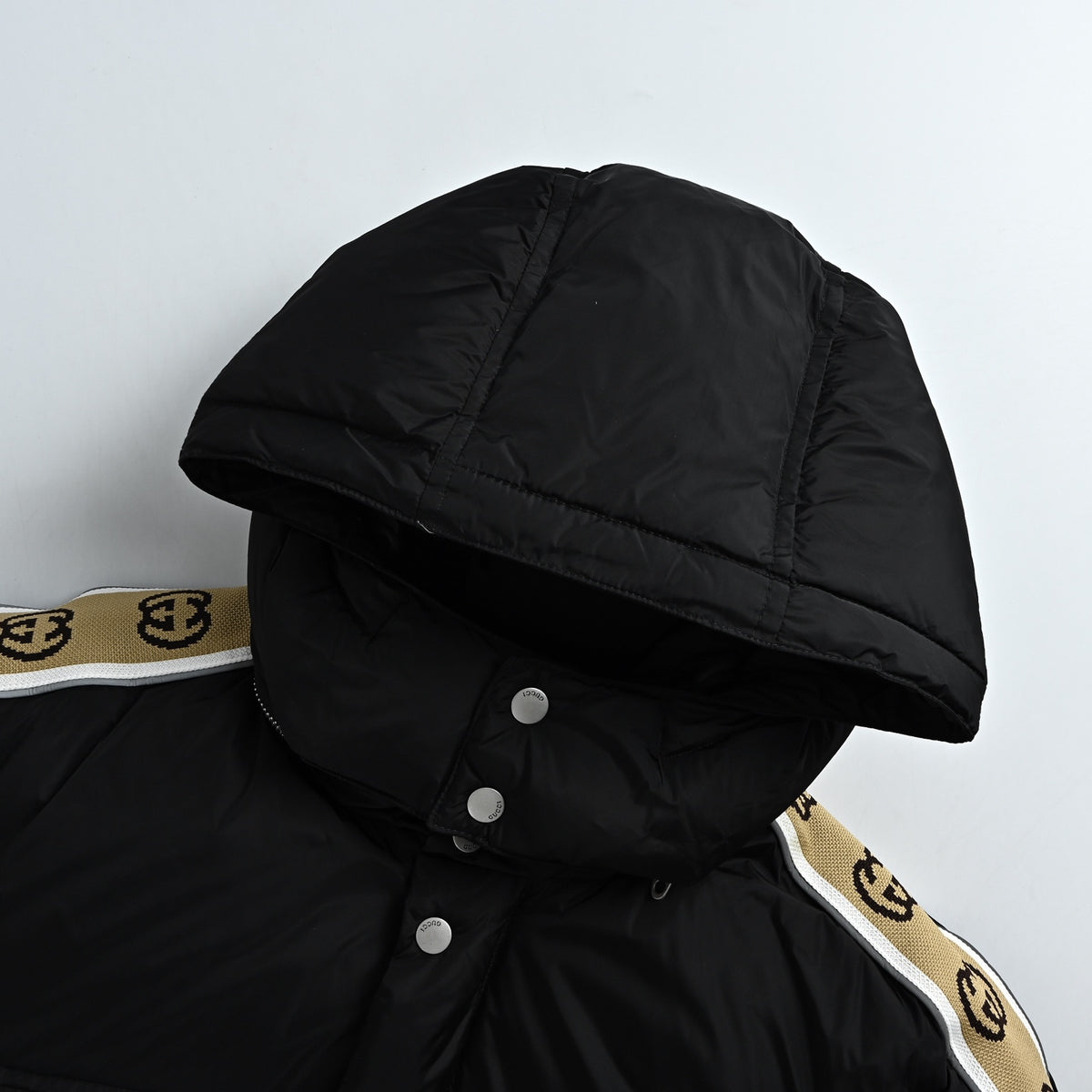 Gucci Jacquard Tape Hooded Down Jacket in Black