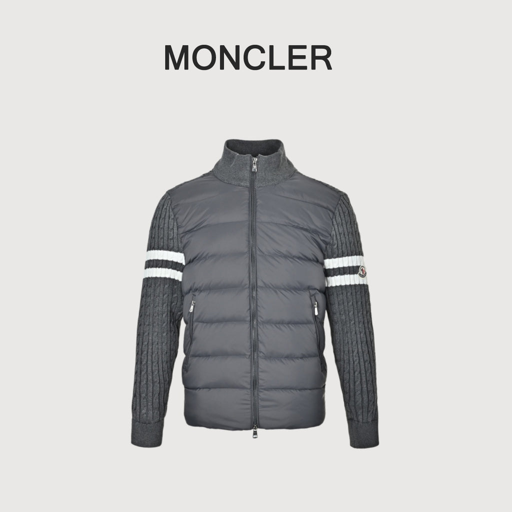Moncler Double-Stripe Knit and Down Hybrid Jacket in Grey