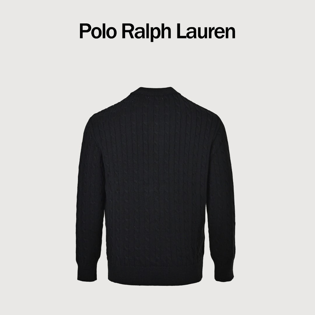 Ralph Lauren Black Cable-Knit Crewneck Cardigan with Embroidered Logo