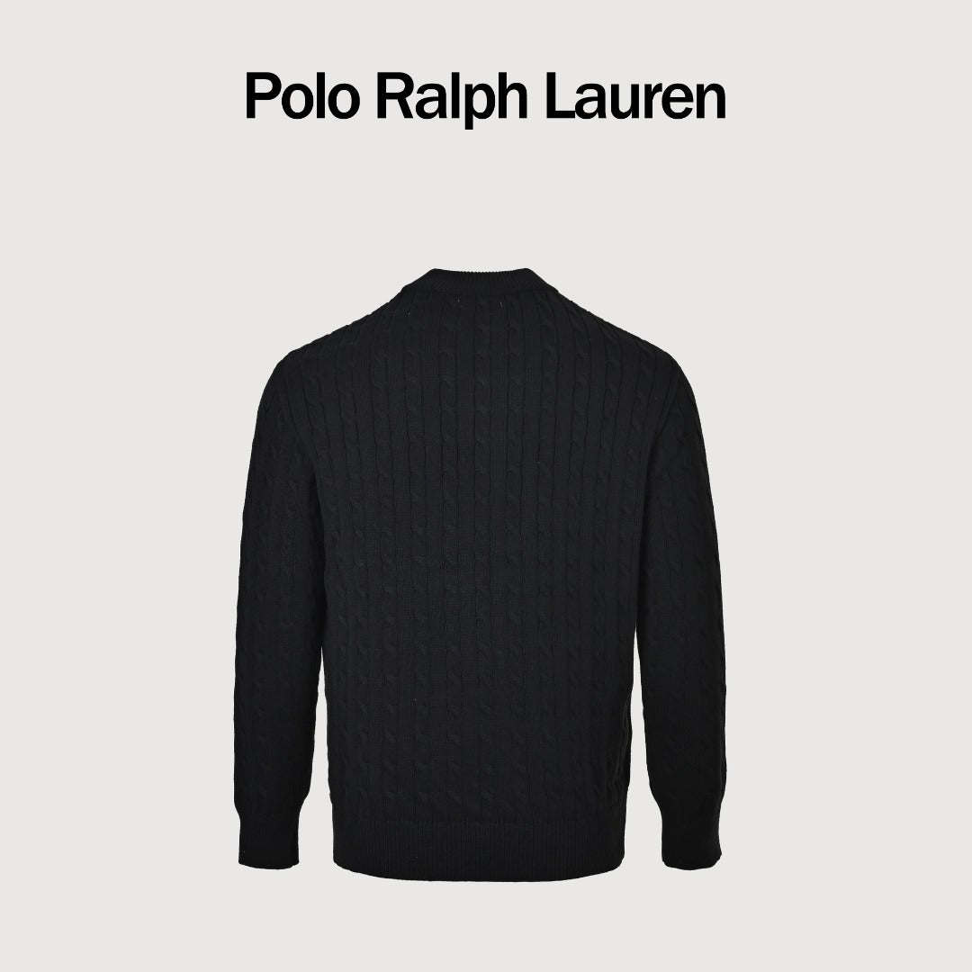 Ralph Lauren Black Cable-Knit Crewneck Cardigan with Embroidered Logo