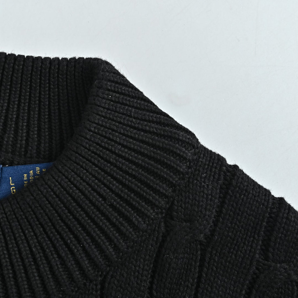 Ralph Lauren Black Cable-Knit Crewneck Cardigan with Embroidered Logo