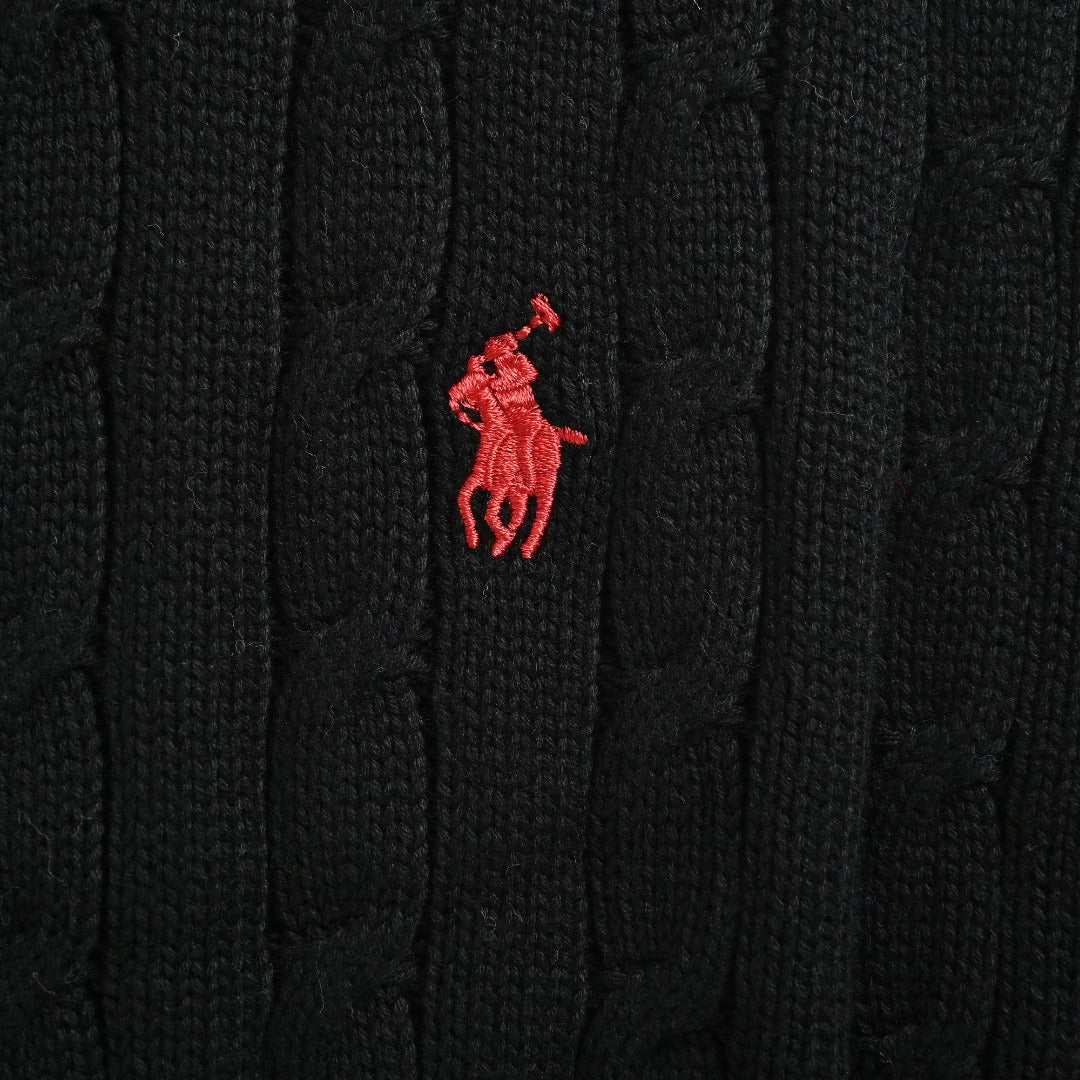 Ralph Lauren Black Cable-Knit Crewneck Cardigan with Embroidered Logo