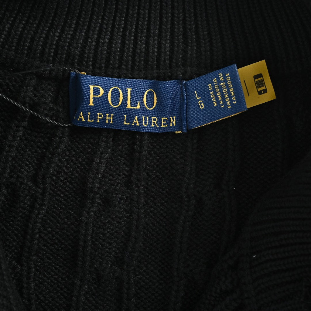 Ralph Lauren Black Cable-Knit Crewneck Cardigan with Embroidered Logo