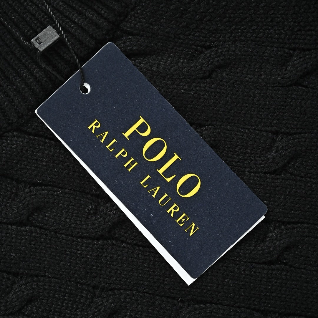 Ralph Lauren Black Cable-Knit Crewneck Cardigan with Embroidered Logo