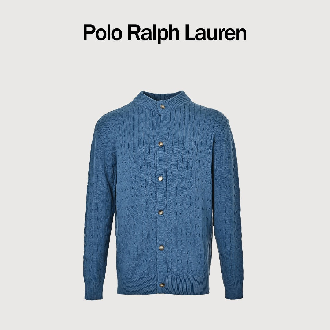 Ralph Lauren Blue Cable-Knit Crewneck Cardigan with Embroidered Logo