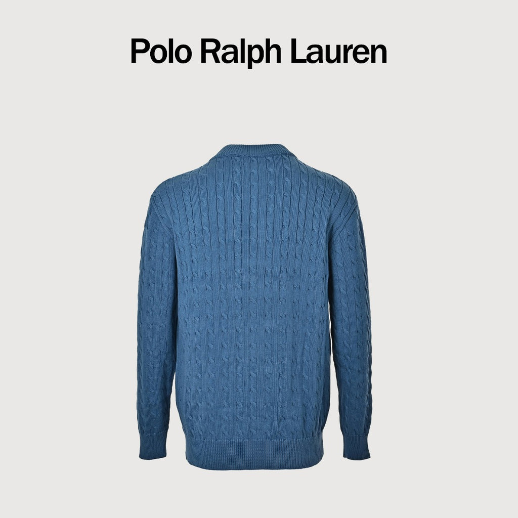 Ralph Lauren Blue Cable-Knit Crewneck Cardigan with Embroidered Logo