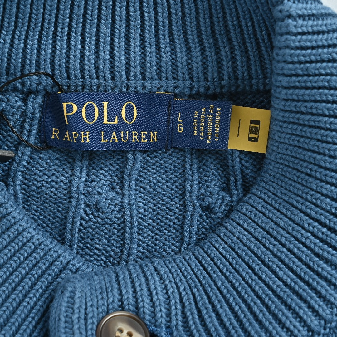 Ralph Lauren Blue Cable-Knit Crewneck Cardigan with Embroidered Logo