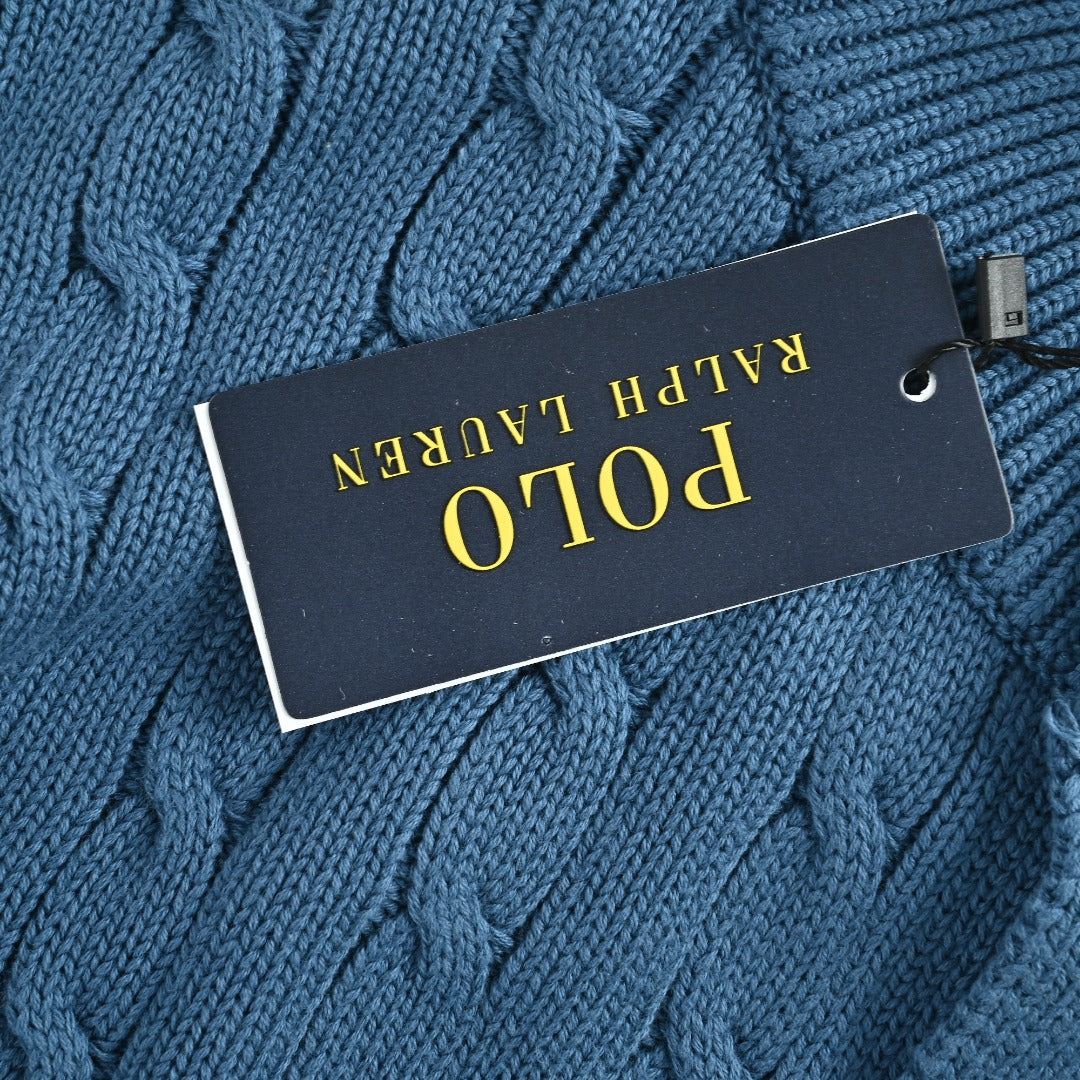 Ralph Lauren Blue Cable-Knit Crewneck Cardigan with Embroidered Logo