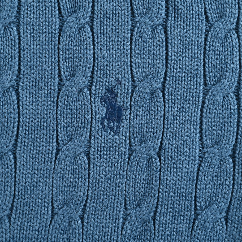 Ralph Lauren Blue Cable-Knit Crewneck Cardigan with Embroidered Logo