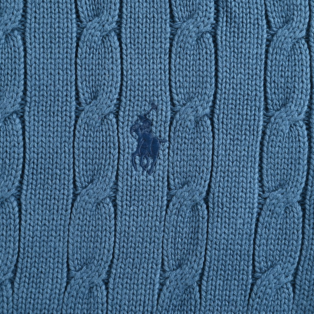 Ralph Lauren Blue Cable-Knit Crewneck Cardigan with Embroidered Logo