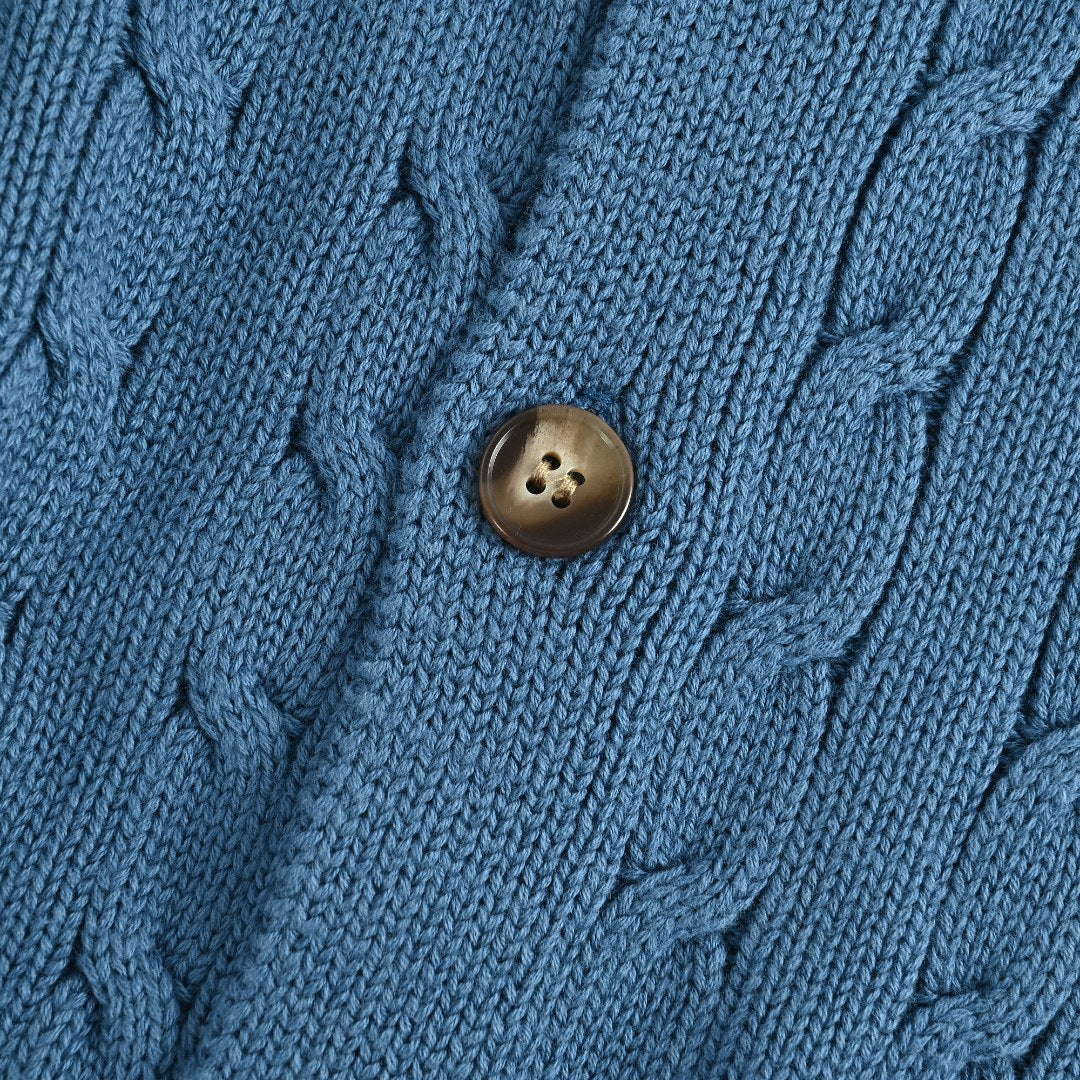 Ralph Lauren Blue Cable-Knit Crewneck Cardigan with Embroidered Logo